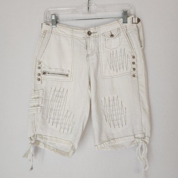Monoreno Linen Distressed Button Accent Shorts Tie-Hem White Zip Pocket - Picture 1 of 11